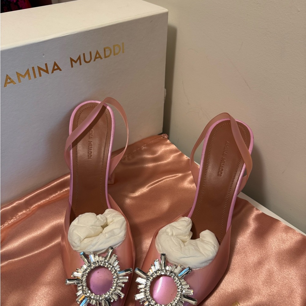 Amina Muaddi Pink Embellished Heels